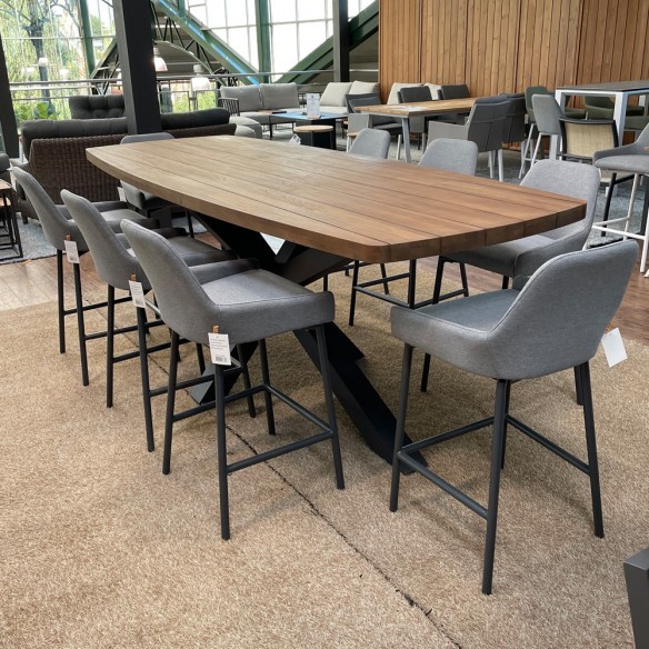 Ensemble Bar de jardin TIMOR 260 en teck et aluminium anthracite avec 8 chaises de bar MISTGREY