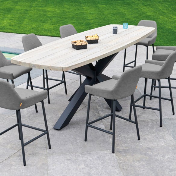 TIMOR 260 Garden Bar Set in Grey Teak and Anthracite Aluminum with 8 MISTGREY Bar Chairs