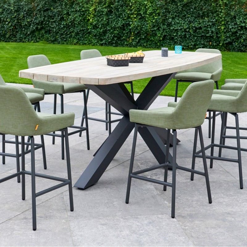 Ensemble Bar de jardin TIMOR 260 en teck gris et aluminium anthracite avec 8 chaises de bar OLIVE GREEN