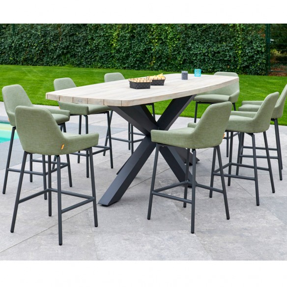 TIMOR 260 Garden Bar Set in Grey Teak and Anthracite Aluminum with 8 OLIVE GREEN Bar Chairs