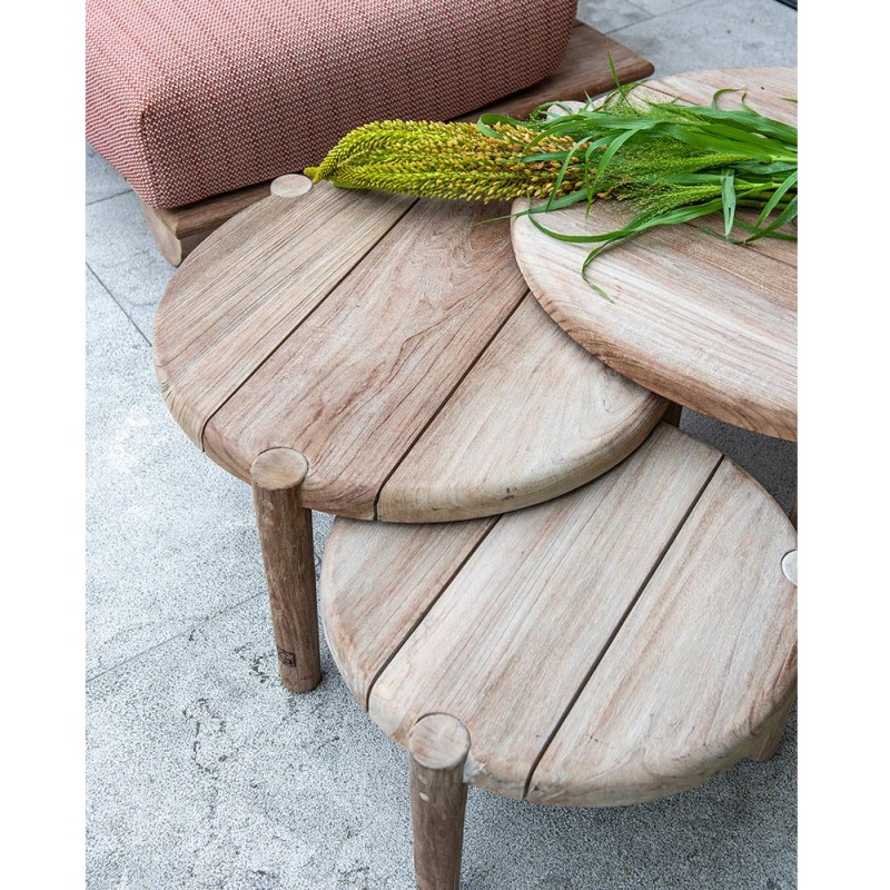 Trio de tables basses rondes de jardin FELIX en teck recyclé gris naturel H33cm H37cm H42cm