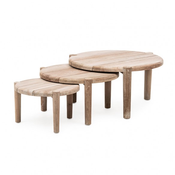 Trio de tables basses rondes de jardin FELIX en teck recyclé gris naturel H33cm H37cm H42cm