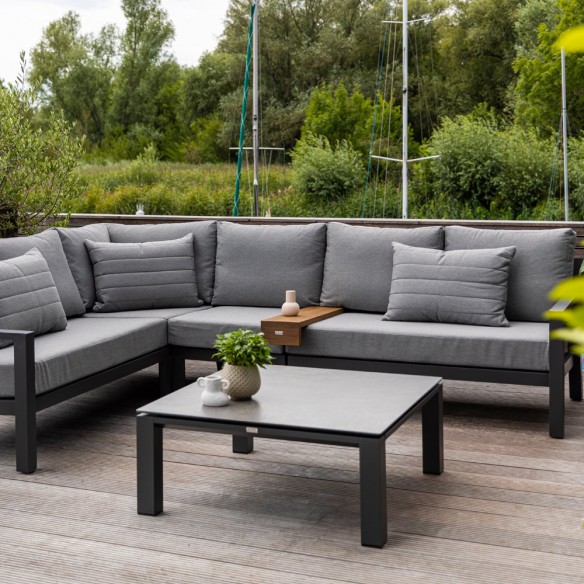 Salon de jardin TIMBER MISTGREY 6 places gris aluminium avec table basse céramique aspect béton