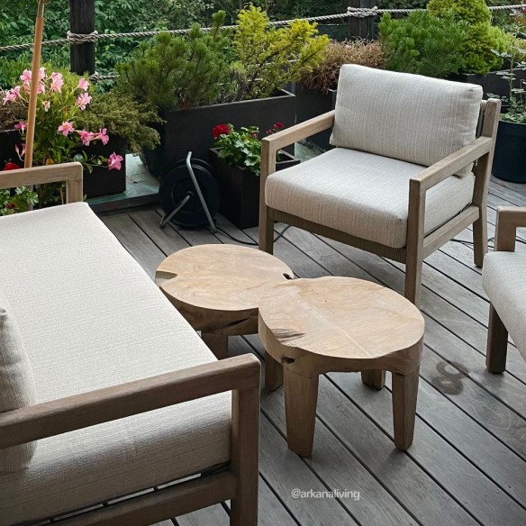 Duo de tables basses de jardin BATUCADA en racine de teck gris naturel H35cm H28cm