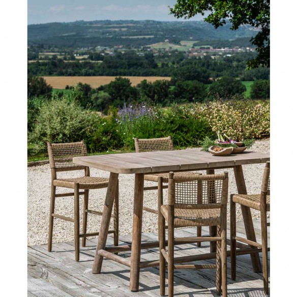 Chaise haute MONA en teck recyclé gris naturel avec coussin d’assise