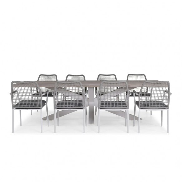 Ensemble Table de jardin TIMOR en teck gris/aluminium blanc L280 et 8 chaises VIENNA gris