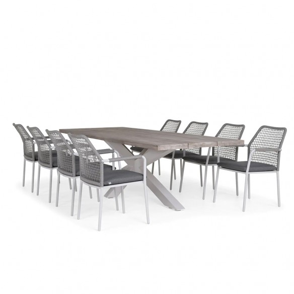 Ensemble Table de jardin TIMOR en teck gris/aluminium blanc L280 et 8 chaises VIENNA gris