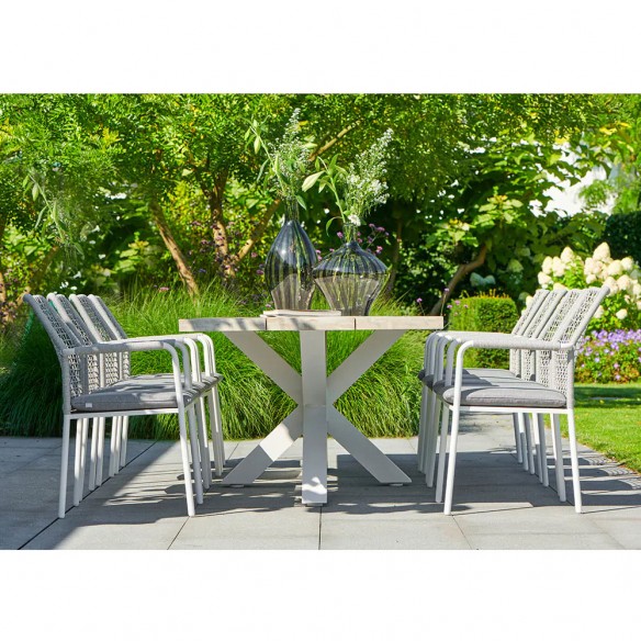 Ensemble Table de jardin TIMOR en teck gris/aluminium blanc L280 et 8 chaises VIENNA gris