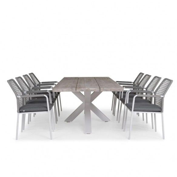 Ensemble Table de jardin TIMOR en teck gris/aluminium blanc L280 et 8 chaises VIENNA gris