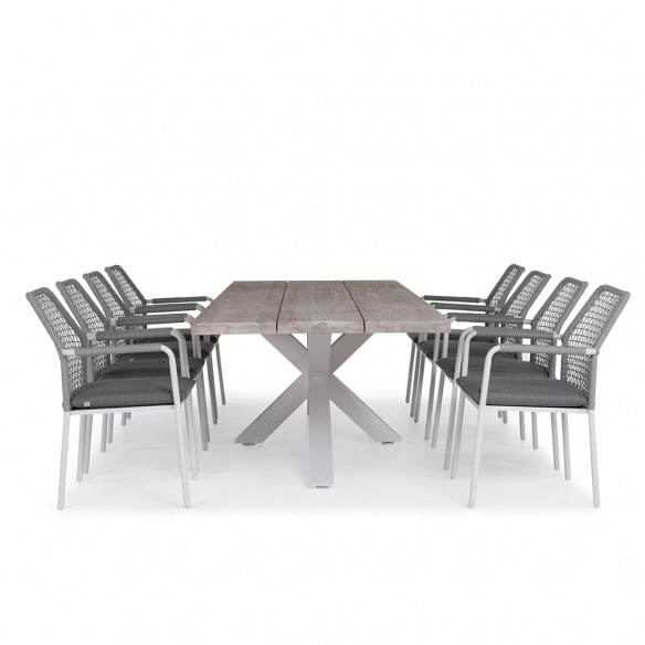 Outdoor Dining Set TIMOR table in Grey Teak/White Aluminum W280 and 8 VIENNA Grey Chairs