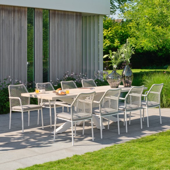 Outdoor Dining Set TIMOR table in Grey Teak/White Aluminum W280 and 8 VIENNA Grey Chairs