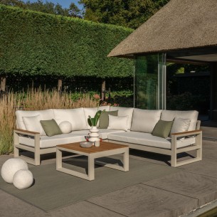 Salon de jardin SOHO DUNE 5 places beige aluminium avec accoudoirs en teck