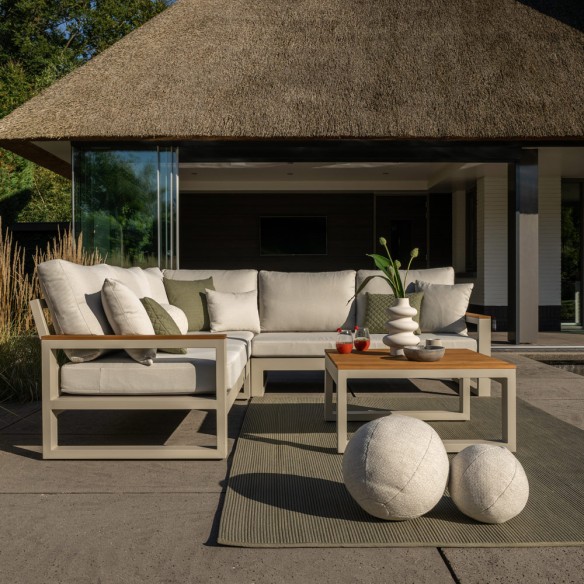 Salon de jardin SOHO DUNE 5 places beige aluminium avec accoudoirs en teck