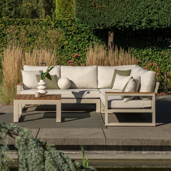 Salon de jardin SOHO DUNE 5 places beige aluminium avec accoudoirs en teck