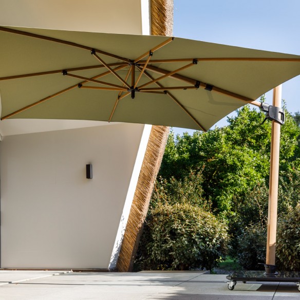 Parasol déporté JASMIN 3x3m en aluminium aspect bois et base granite Meran