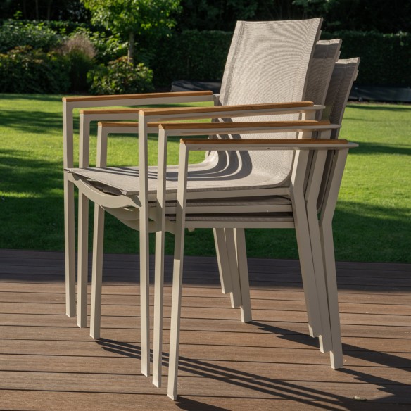 Outdoor Dining Set CONCEPT table in Teak/Beige Aluminum W210 and 6 SOHO Beige Chairs