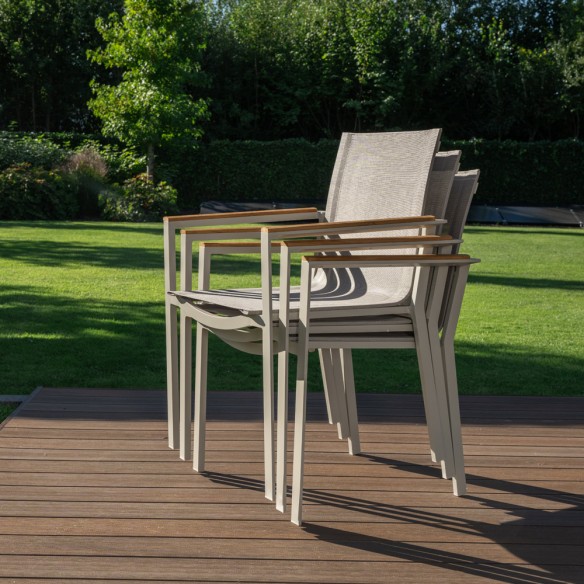 Outdoor Dining Set CONCEPT table in Teak/Beige Aluminum W210 and 6 SOHO Beige Chairs