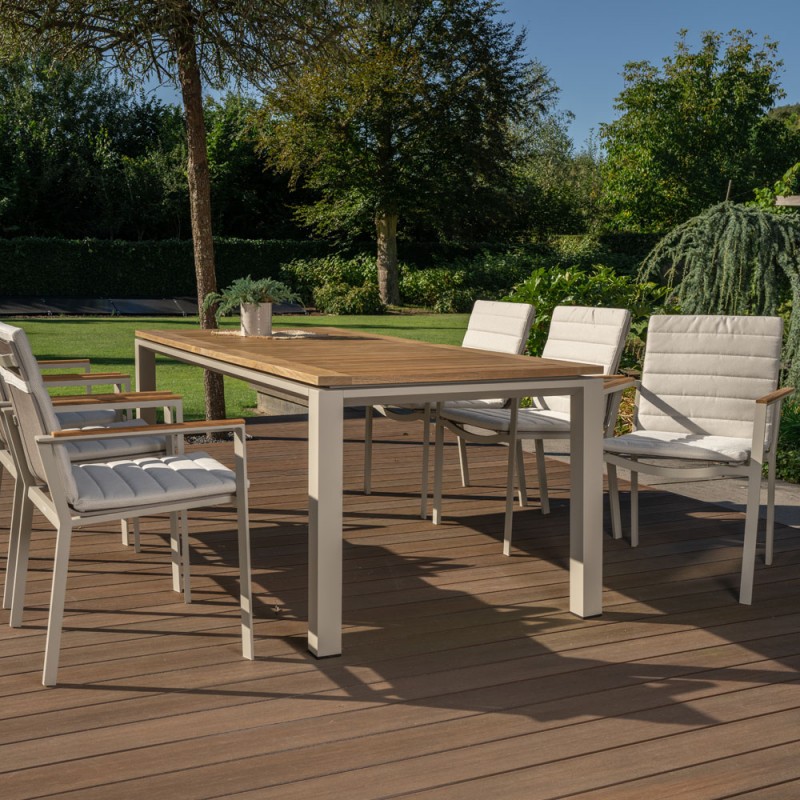 Outdoor Dining Set CONCEPT table in Teak/Beige Aluminum W210 and 6 SOHO Beige Chairs