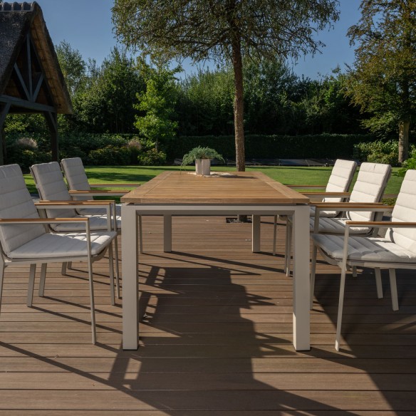 Outdoor Dining Set CONCEPT table in Teak/Beige Aluminum W210 and 6 SOHO Beige Chairs