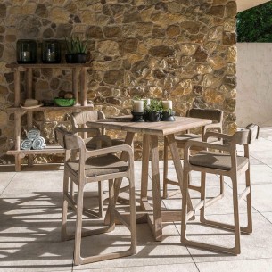 Chaise haute SONIA en teck recyclé gris naturel avec coussin d’assise