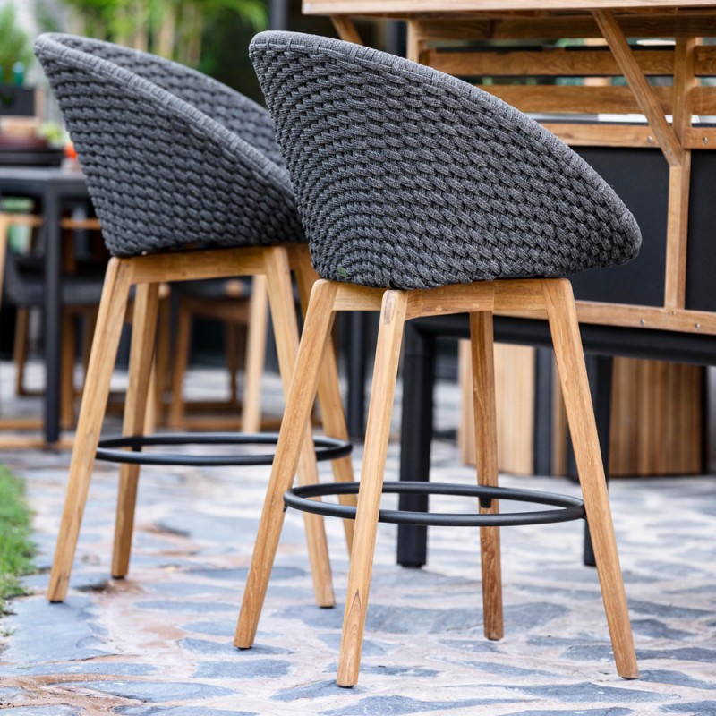 PEACOCK Bar Chair in Teak and Soft Rope with Grey Cushion