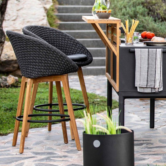 Chaise haute PEACOCK en teck et corde souple avec coussin gris