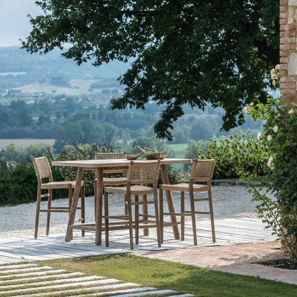 Chaise haute MONA en teck recyclé gris naturel avec coussin d’assise