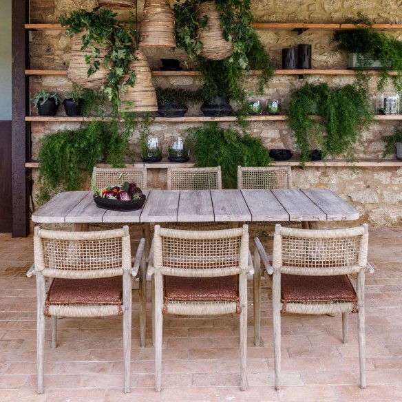 MONA Stackable Dining Chair in Reclaimed Teak with Armrests and Seat Cushion