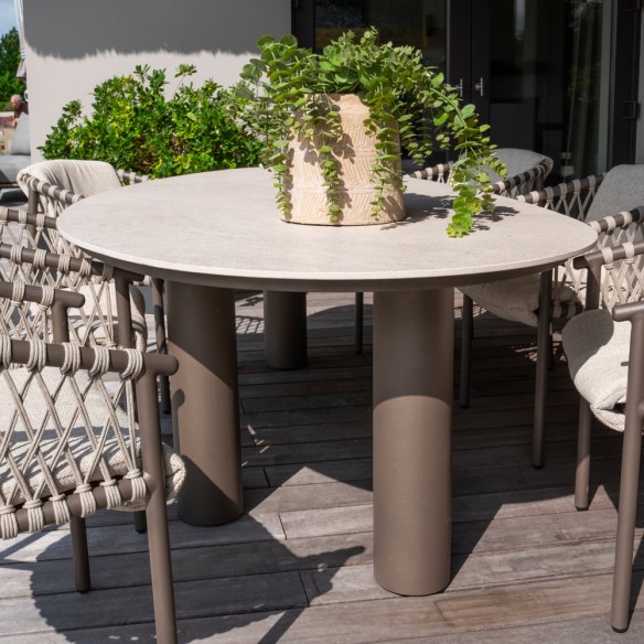 Outdoor Dining Set ARIA Table in Taupe Aluminum and Ceramic W240 and 6 ASTORIA Taupe Chairs with Light Beige Cushion