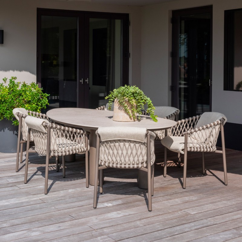 Outdoor Dining Set ARIA Table in Taupe Aluminum and Ceramic W240 and 6 ASTORIA Taupe Chairs with Light Beige Cushion