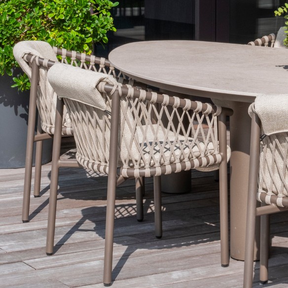 Outdoor Dining Set ARIA Table in Taupe Aluminum W240 and 6 ASTORIA Taupe Chairs with Light Beige Cushion