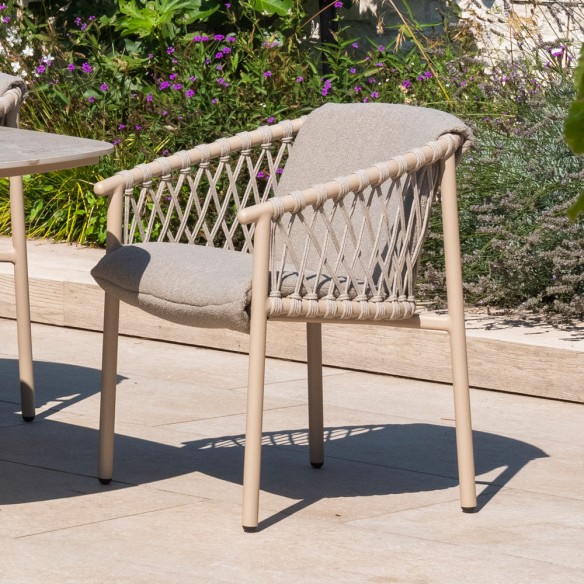 Ensemble Table de jardin PETRA en aluminium beige sable et céramique L240 et 6 chaises ASTORIA beige sable coussin beige taupe
