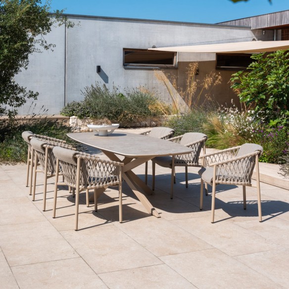 Ensemble Table de jardin PETRA en aluminium beige sable et céramique L240 et 6 chaises ASTORIA beige sable coussin beige taupe