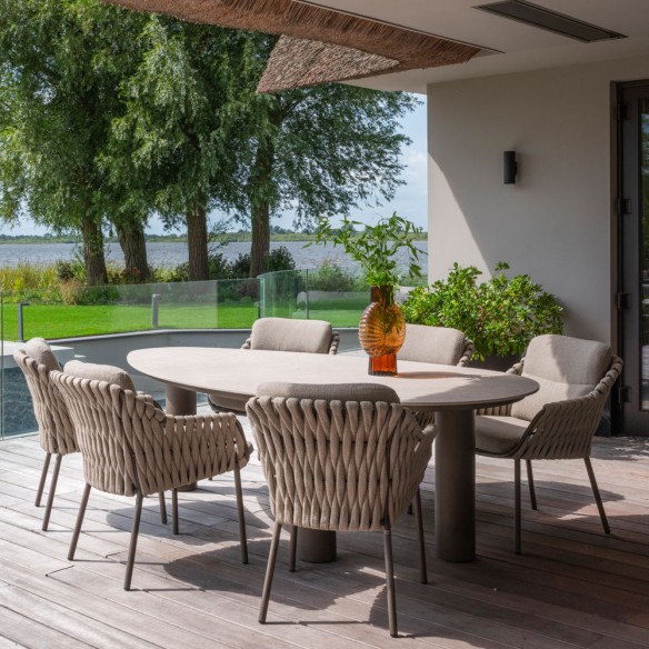 Outdoor Dining Set ARIA Table in Taupe Aluminum and Ceramic W240 and 6 MISTRAL Taupe Chairs with Beige Cushion