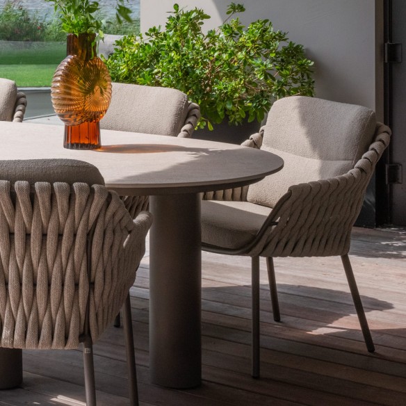 Outdoor Dining Set ARIA Table in Taupe Aluminum and Ceramic W240 and 6 MISTRAL Taupe Chairs with Beige Cushion