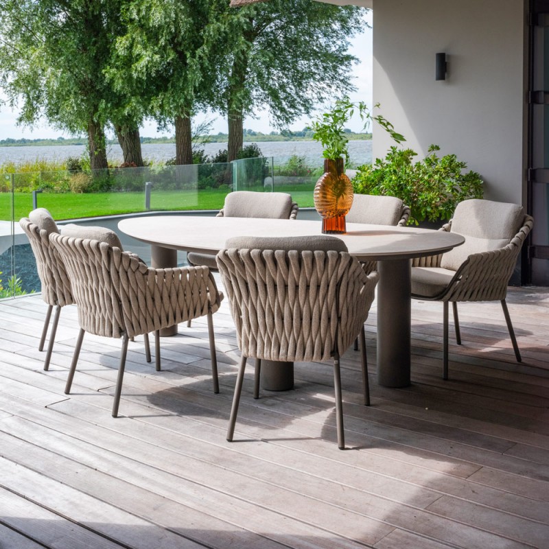 Outdoor Dining Set ARIA Table in Taupe Aluminum and Ceramic W240 and 6 MISTRAL Taupe Chairs with Beige Cushion