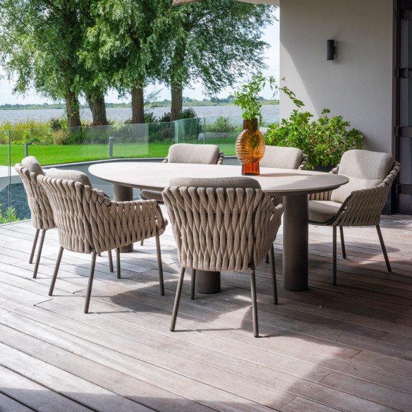 Outdoor Dining Set ARIA Table in Taupe Aluminum and Ceramic W240 and 6 MISTRAL Taupe Chairs with Beige Cushion