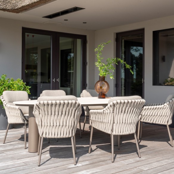 Outdoor Dining Set ARIA Table in Taupe Aluminum and Ceramic W240 and 6 MISTRAL Taupe Chairs with Beige Cushion