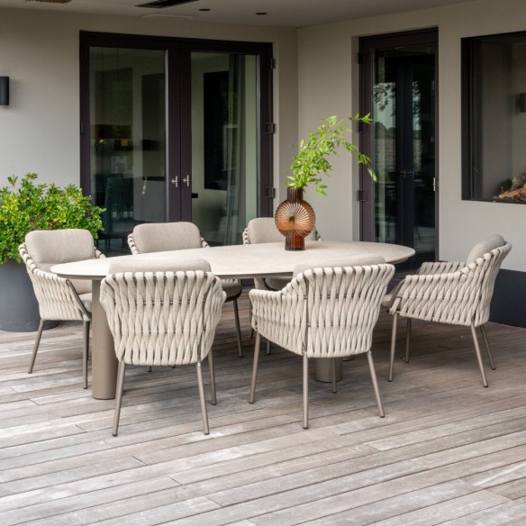 Outdoor Dining Set ARIA Table in Taupe Aluminum and Ceramic W240 and 6 MISTRAL Taupe Chairs with Beige Cushion