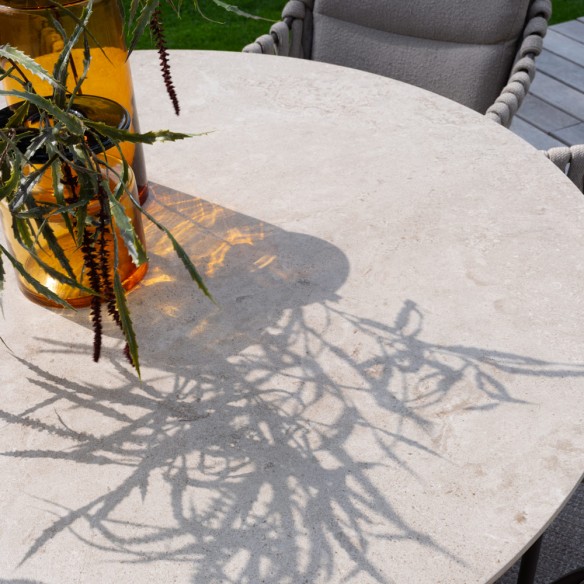 Outdoor Dining Set ARIA Round Table in Taupe Aluminum and Ceramic D160 with 6 MISTRAL Taupe Chairs and Beige Cushions