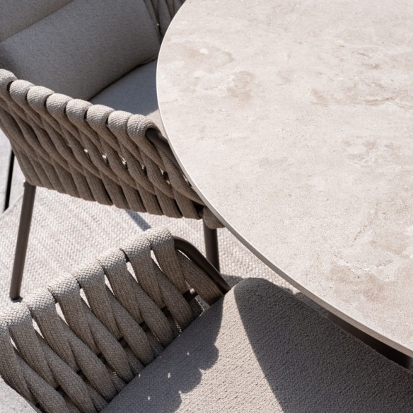 Outdoor Dining Set ARIA Round Table in Taupe Aluminum and Ceramic D160 with 6 MISTRAL Taupe Chairs and Beige Cushions