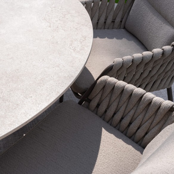 Outdoor Dining Set ARIA Round Table in Taupe Aluminum and Ceramic D160 with 6 MISTRAL Taupe Chairs and Beige Cushions