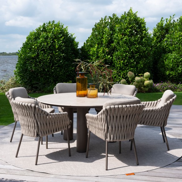 Outdoor Dining Set ARIA Round Table in Taupe Aluminum and Ceramic D160 with 6 MISTRAL Taupe Chairs and Beige Cushions