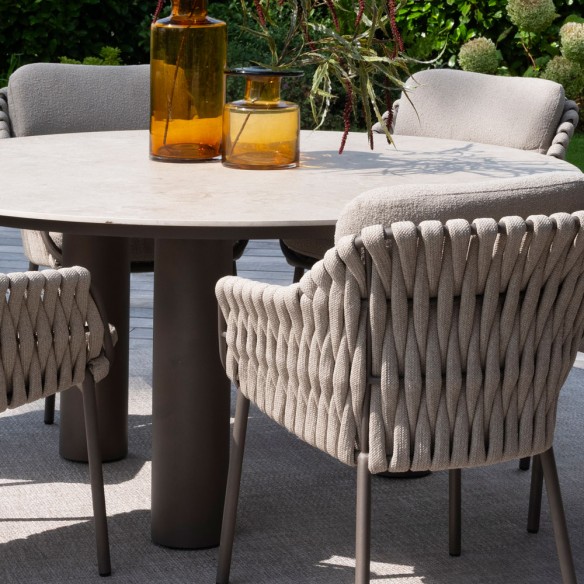 Outdoor Dining Set ARIA Round Table in Taupe Aluminum and Ceramic D160 with 6 MISTRAL Taupe Chairs and Beige Cushions