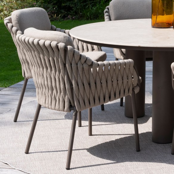 Outdoor Dining Set ARIA Round Table in Taupe Aluminum and Ceramic D160 with 6 MISTRAL Taupe Chairs and Beige Cushions