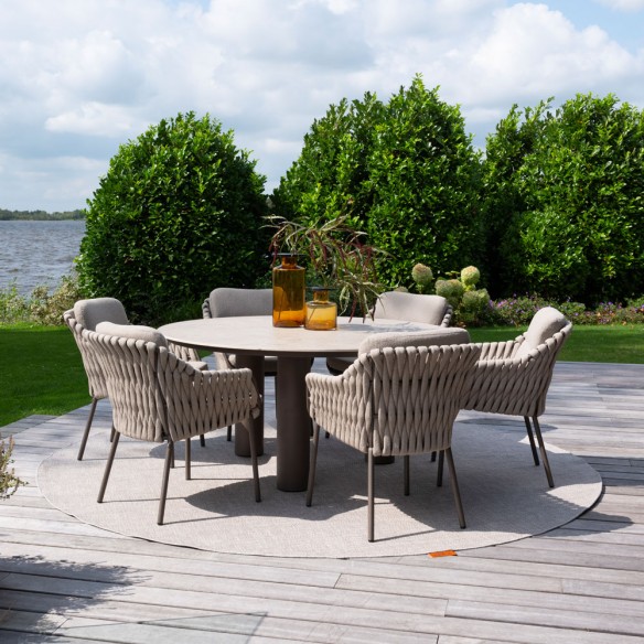 Outdoor Dining Set ARIA Round Table in Taupe Aluminum and Ceramic D160 with 6 MISTRAL Taupe Chairs and Beige Cushions