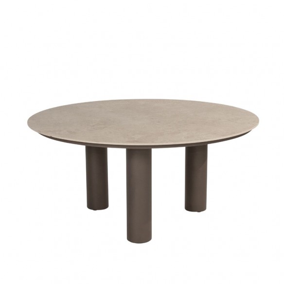 Outdoor Dining Set ARIA Round Table in Taupe Aluminum and Ceramic D160 with 6 MISTRAL Taupe Chairs and Beige Cushions