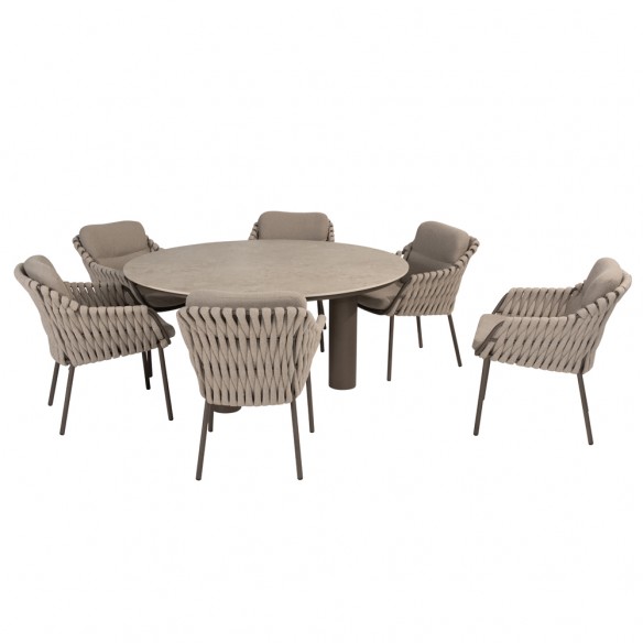 Outdoor Dining Set ARIA Round Table in Taupe Aluminum and Ceramic D160 with 6 MISTRAL Taupe Chairs and Beige Cushions