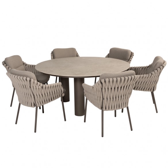 Outdoor Dining Set ARIA Round Table in Taupe Aluminum and Ceramic D160 with 6 MISTRAL Taupe Chairs and Beige Cushions