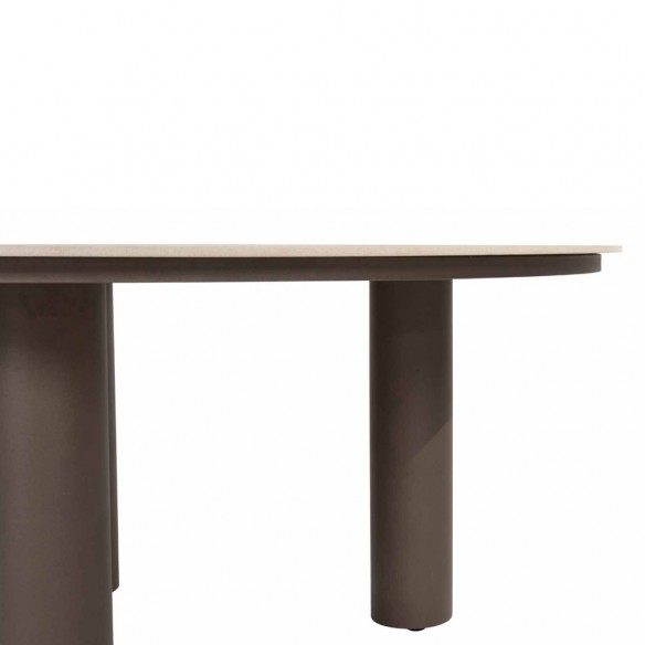 Outdoor Dining Set ARIA Round Table in Taupe Aluminum and Ceramic D160 with 6 MISTRAL Taupe Chairs and Beige Cushions